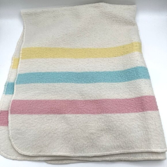 Vintage Esmond Baby Blanket 100% Acrylic Pink Blue Yellow Stripes 28” X 37” READ - Picture 1 of 6